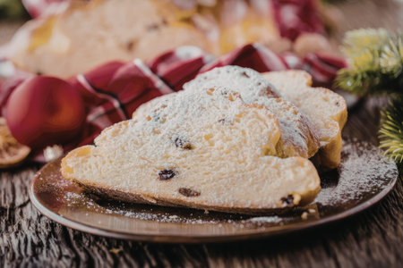 Sliced panettone cake dusted with powdered sugar on a plate surrounded by festive decorations and a...