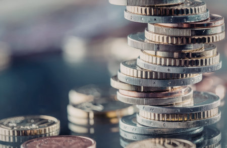 Stack of euro coins arranged vertically on a reflective surface symbolizing financial savings and...