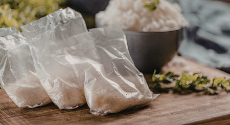 Three vacuum sealed bags of white rice sit on a wooden cutting board with a bowl of rice and fresh...