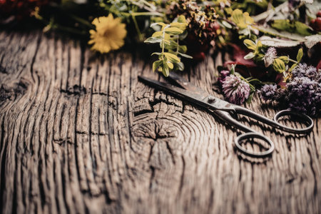 Vintage scissors lie on a rustic wooden surface surrounded by freshly cut flowers and foliage for...