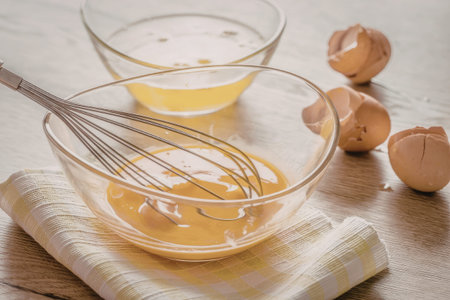 Whisk mixes egg yolks in a glass bowl on a wooden table with a checkered cloth and cracked eggshells...