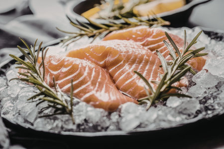 Fresh salmon fillets served on ice with rosemary sprigs on a black plate for a gourmet dining...