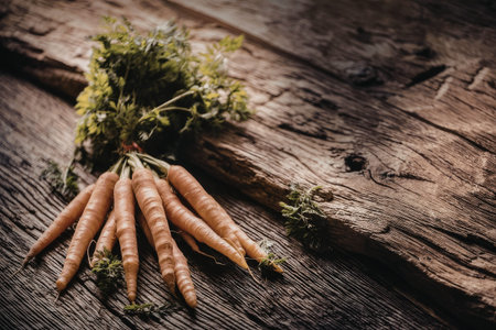 Fresh bunch of vibrant orange carrots with green tops displayed on a rustic wooden surface...
