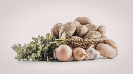 Fresh potatoes in a basket accompanied by parsley, onions, and garlic on a white surface, ready for cooking and recipe preparation.の写真素材