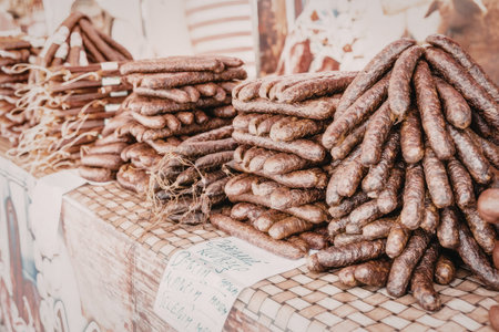 Piles of dark smoked artisanal sausages are displayed for sale on a checkered tablecloth at an...