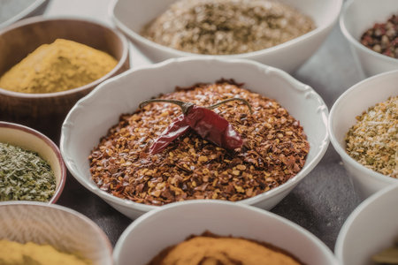Bowls filled with a vibrant collection of aromatic spices, prominently featuring red chili flakes...