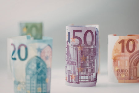 Rolled Euro banknotes displaying various denominations including the prominent five hundred euro...