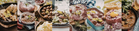 Assortment features various beef preparations including raw steak tartare meatballs rich stew sliced...