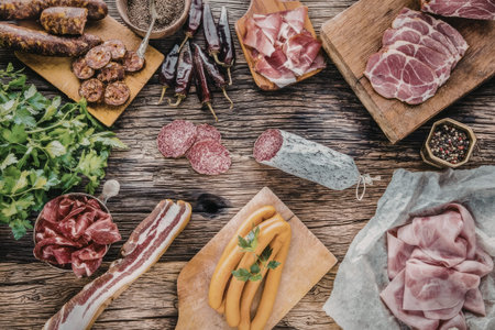 Various cured meats and sausages are displayed on a wooden table with fresh parsley and chili...
