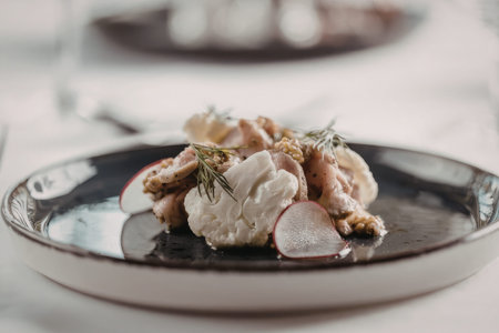 Gourmet appetizer showcases thinly sliced roast beef paired with creamy cheese cauliflower radish slices mustard seeds and fresh dill on a dark plate.の写真素材