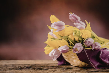 Vibrant yellow and delicate pink tulips arranged in a wicker basket with a purple cloth on a wooden...