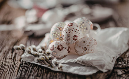 Painted white easter eggs with intricate floral designs rest on a wooden table beside pussy willow...