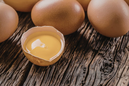 Brown eggs sit on a wooden surface, one cracked open showing a vibrant yellow egg yolk inside the...