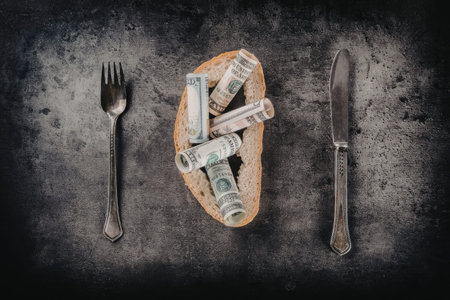 Bread loaf cut open with rolled up dollar bills inside placed on a table with a fork and knife...