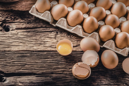 Brown eggs in carton with some cracked open showing yolks on a rustic wooden table surface with...