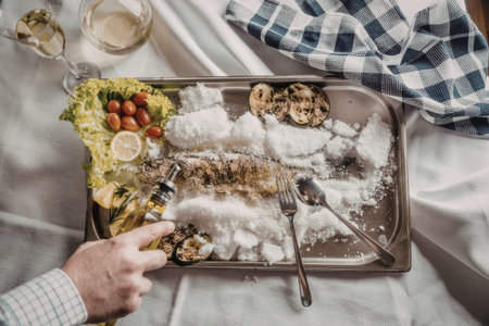 Chef pours olive oil on fresh whole fish placed on ice with roasted vegetables, herbs and cherry...