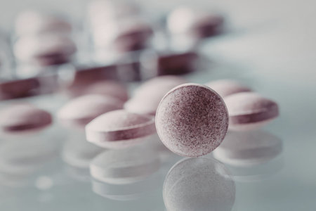 Single textured purple tablet sits prominently on a reflective surface surrounded by out-of-focus...