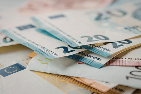 Twenty euro banknotes are scattered on top of other euro denominations in a messy pile symbolizing...