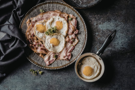 Delicious breakfast meal consisting of fried eggs and crispy bacon on a textured plate next to a...