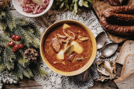 Borscht soup served in a yellow bowl surrounded by sausages, bread, and festive decorations...