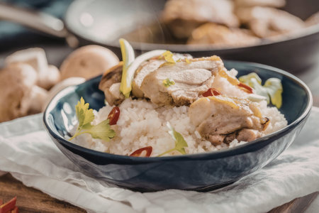 Chicken and rice bowl garnished with mushrooms and chili peppers served on a wooden table with a...