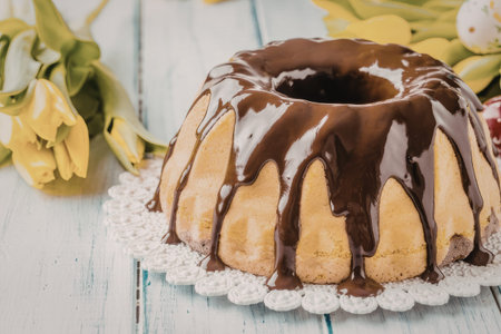 Chocolate glazed bundt cake sits on a white doily surrounded by fresh yellow tulips on a light blue...