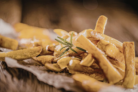 Crispy golden french fries sprinkled with salt and rosemary served on a rustic wooden table.