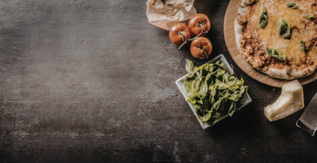 Homemade Italian pizza, rich with melted mozzarella cheese and vibrant basil leaves, rests on a rustic wooden board, surrounded by fresh tomatoes and parmesan, ready for a delicious meal.の写真素材
