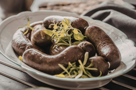 Grilled sausages served on a glass plate garnished with fresh green herbs creating a delicious and...