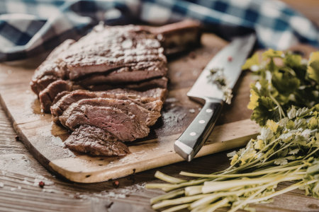 Sliced grilled steak served on a wooden cutting board with a sharp knife and fresh parsley sprigs...
