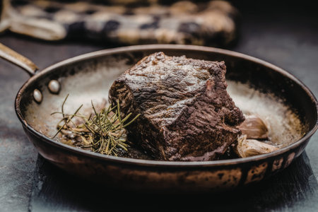 Grilled steak with rosemary and garlic cooked to perfection in a rustic pan on a dark wooden table.