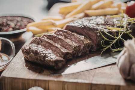 Grilled steak with rosemary served on a wooden board accompanied by crispy fries and various...