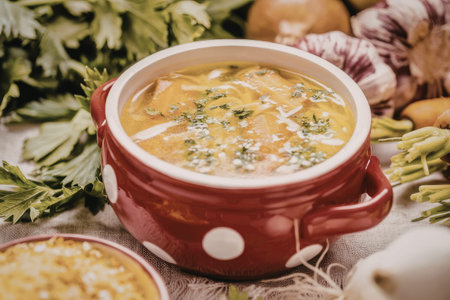 Homemade chicken soup is served in a vibrant red ceramic bowl garnished with fresh herbs and topped...
