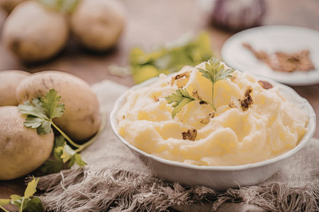 Creamy mashed potatoes topped with crispy bacon and fresh parsley served in a white bowl on a rustic...