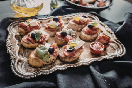 Bruschetta appetizers perfectly arranged on antique metal tray with toasted bread topped with fresh...