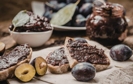Toasted bread slices topped with homemade plum jam surrounded by fresh plums and a jar of plum jam...