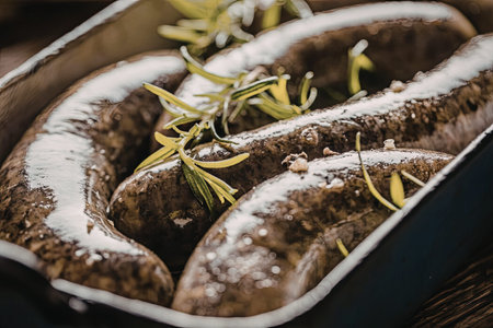 Sausages are cooked to perfection in a metal baking dish garnished with fresh herbs and spices,...