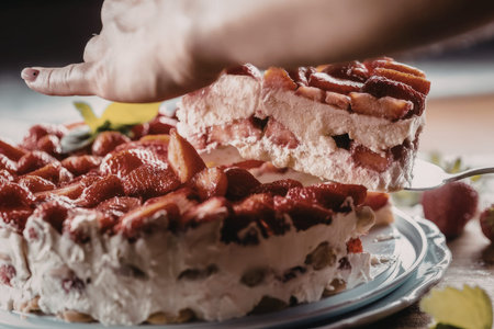 Delicious strawberry icebox cake is being lifted by fork with fresh strawberries and whipped cream...