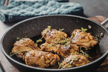 Golden brown chicken thighs cooked in a black skillet with fresh thyme and herbs, served on a wooden cutting board.の写真素材