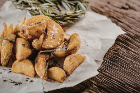 Crispy roasted potato wedges sprinkled with salt and rosemary on a rustic wooden table.
