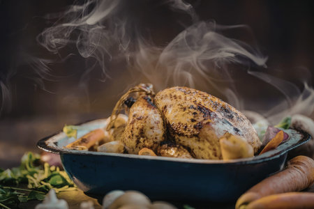 Roasted chicken served in a blue baking dish with steaming vegetables and herbs, perfectly cooked...