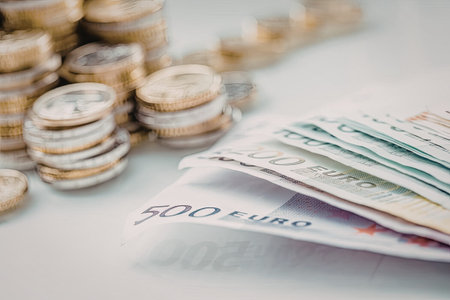 Euro banknotes and coins are neatly arranged on a clean white surface symbolizing financial...