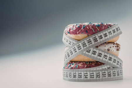 Stack of colorful donuts wrapped in a measuring tape symbolizing dieting and weight loss with...