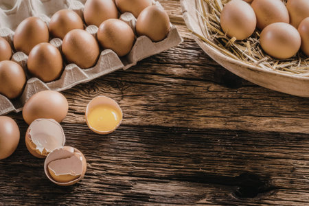 Brown eggs on a rustic wooden table with cracked eggshells revealing a bright yellow egg yolk,...