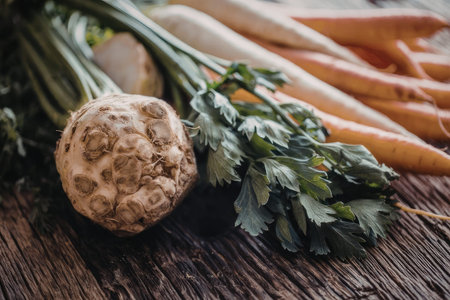 Celery root and carrots with fresh parsley leaves arranged on a dark wooden surface showcasing...