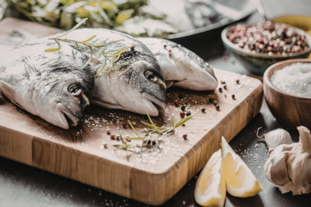 Fresh raw fish lies on a wooden cutting board surrounded by herbs, spices, and lemon, ready for...