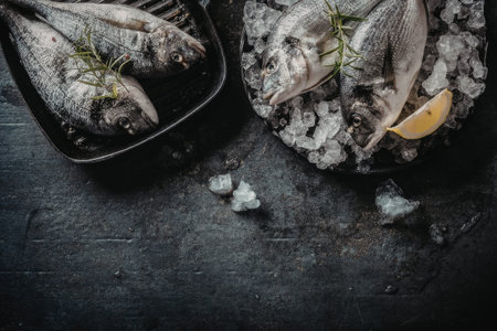 Raw sea bream fish displayed on a grill pan, alongside more fish on crushed ice with fresh rosemary...