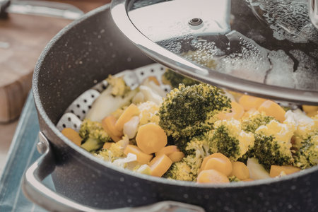 Fresh steamed broccoli and sliced carrots cooked in a pot on a kitchen counter with a metal steamer...
