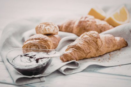 Flaky croissants and fruit preserve served on a linen cloth with orange slices for a delicious breakfast or snack time.の写真素材