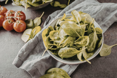 Fresh spinach leaves are in a bowl on a grey surface surrounded by tomatoes and scattered greens...